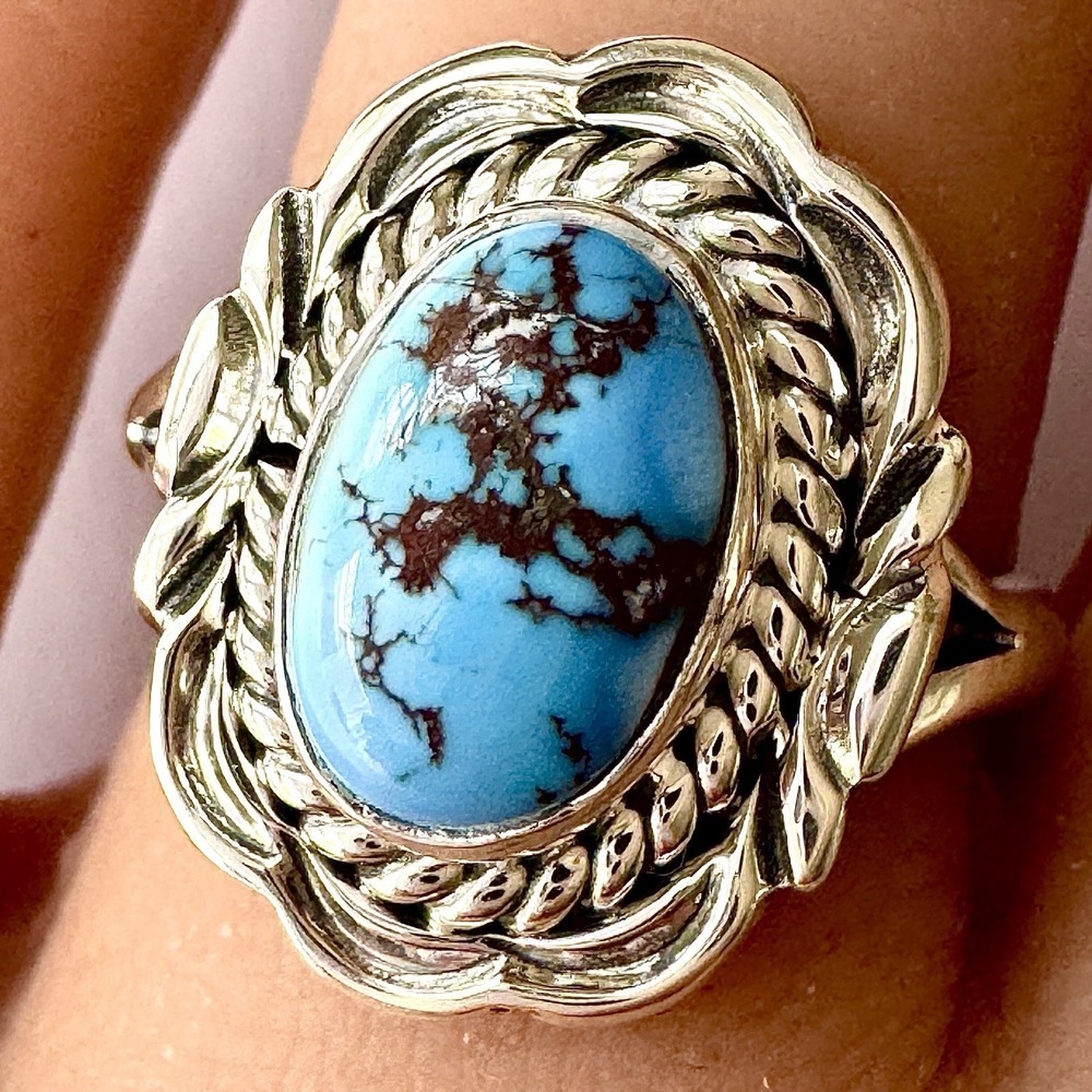 Navajo Blue Golden‎ Hills Turquoise Ring Sz 8 Signed V Chee Sterling Native